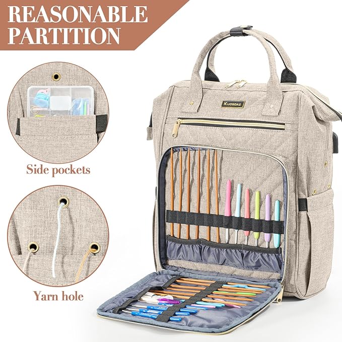Knitting Bag Backpack, Crochet Bag Tote, Yarn Organizer with USB Charging Port, Christmas Gifts Large Travel Knit Storage Tote for Crochet Hooks, Knitting Needles, Yarn Supplies, Beige