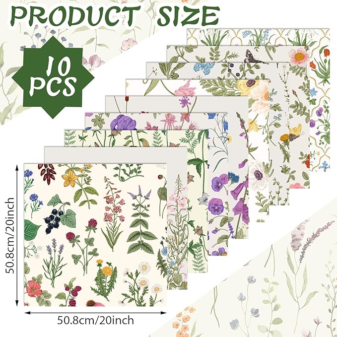 Hahafelt 10 Pcs Spring Wildflower Floral Fat Quilting Fabric Bundle 20 x 20 Inch Fabric Square Pastel Flower Quarters by The Yard Patchwork Precuts Supplies for Spring Summer DIY Sewing Craft