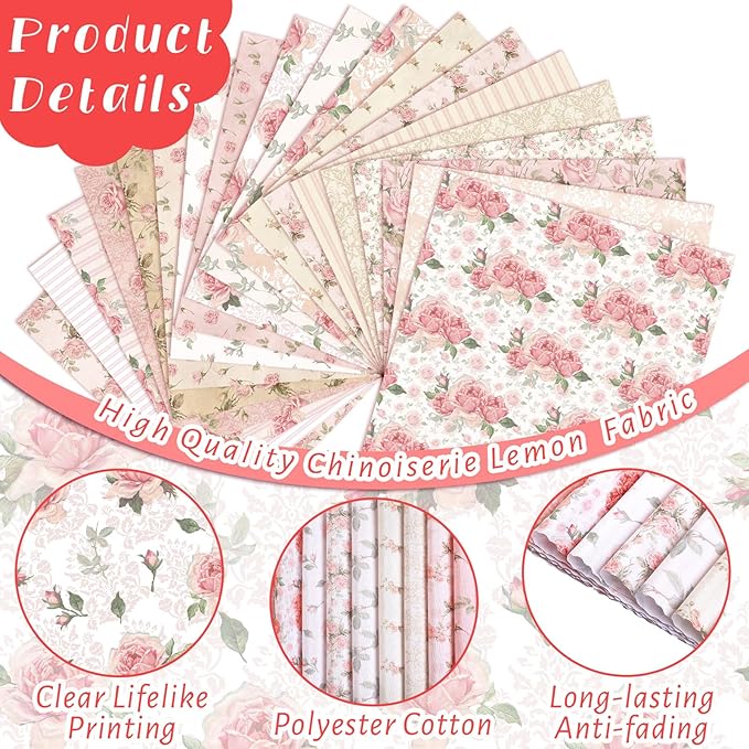 20 Pcs 10''x10'' Vintage Rose Quilting Fabric Square Bundle Retro Floral Precuts Quiltted Fabric Pink and White Printed Patchwork Material Supplies for Holiday Patchwork DIY Sewing Crafts