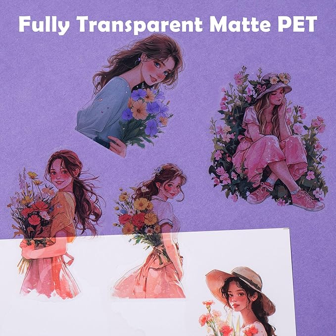 Scrapbook Stickers Set, 120Pcs Flower Sticker for Journaling and Scrapbooking, Junk Journal Supplies, PET Transparent Materials, Women People Ladies Planner DIY Arts Craft