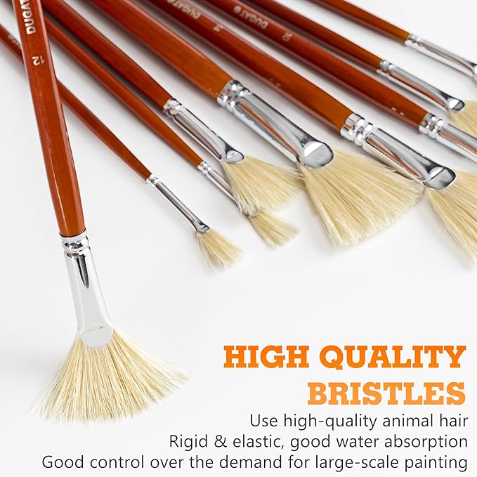 DUGATO Artist Fan Paint Brush Set of 9, White Hog Bristle Natural Hair Anti-Shedding Brush Tips, Long Wooden Handle for Comfortable Holding, Great for Acrylic Oil Painting