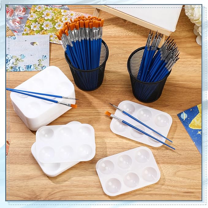50 Pack Paint Brushes Palettes Sets Bulk 100 Pcs Nylon Painting Brushes and 50 Pcs Plastic Paint Holder Tray Art Party Supplies for Acrylic Oil Watercolor