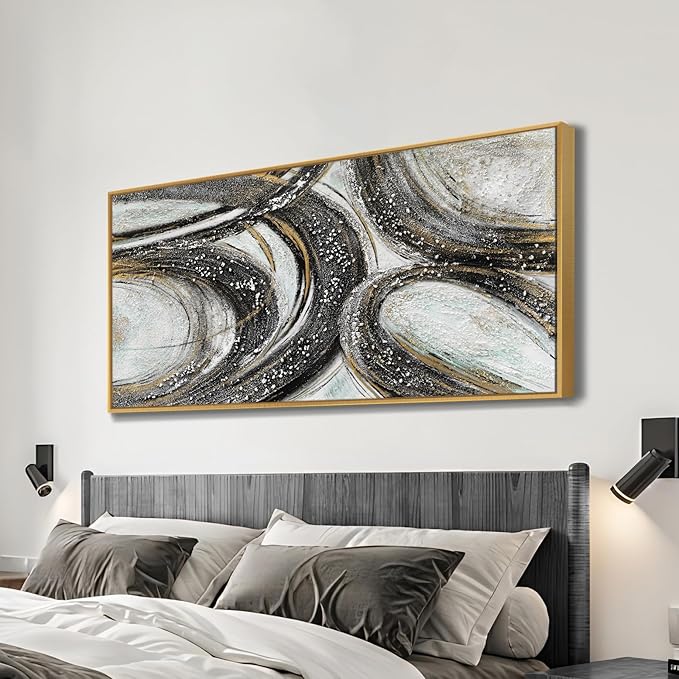 Large Size Abstract Black Gold Circle Handmade Oil Painting Original Design Hand Painted Wall Painting Modern Heavy Textured Wall Art Minimalist White Canvas Artwork for Living Room Bedroom 60x30 inch