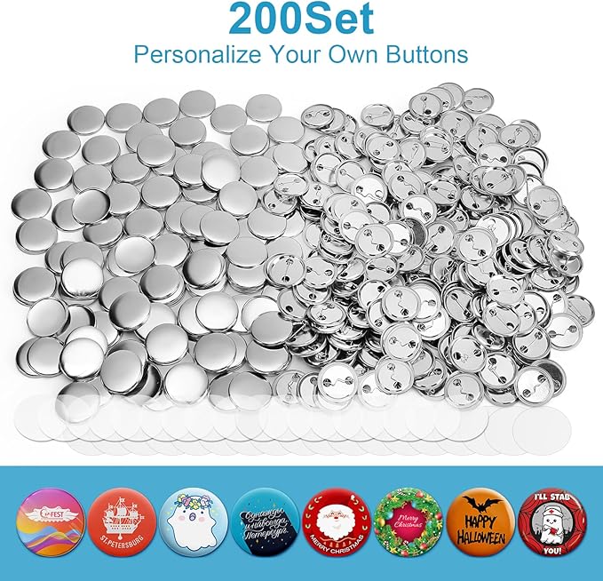 200 Set 0.98 Inch Button Maker Supplies, 25mm Metal Blank Button Badge Parts with Blank Paper& Clear Film for Button Maker Machine, Pin Maker and Badge Press