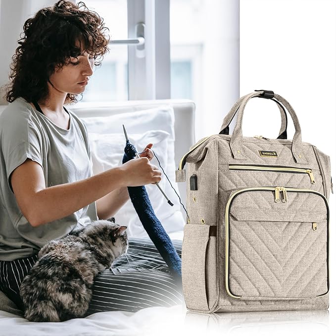 Knitting Bag Backpack, Crochet Bag Tote, Yarn Organizer with USB Charging Port, Christmas Gifts Large Travel Knit Storage Tote for Crochet Hooks, Knitting Needles, Yarn Supplies, Beige