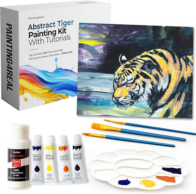 DIY Art Painting Kit for Adults – Learn to Paint Abstract Tiger with Video Tutorials – 9 Pieces Acrylic Paint Set for Adults –Perfect Christmas Crafts & Holiday Gifts for Art Lovers
