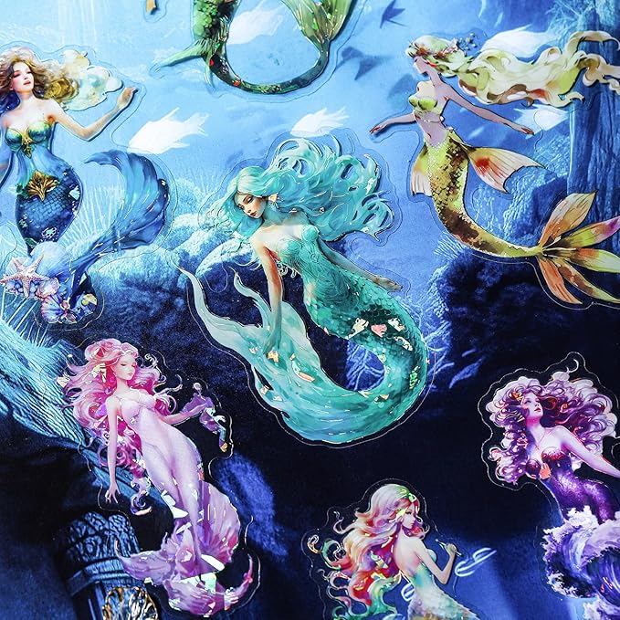 Yoksas Holographic Shiny Fantasy Mermaid Big Stickers - 30Pcs Waterproof Clear Glitter Aesthetic Fairy Tale Scrapbook Stickers for Junk Journals,Planner,Resin Art Supplies
