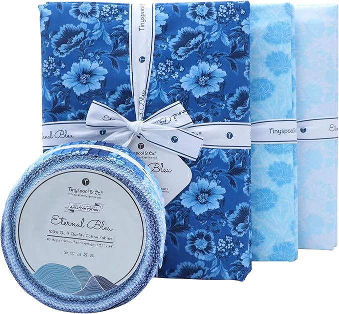 Tinyspool & Co. Quilting Bundle – Eternal Bleu Jelly Roll + 3-Yard Fabric for Each Print: No.9 – Oriental Blue, No.14 – Summer Blue, No.15 – Baby Blue