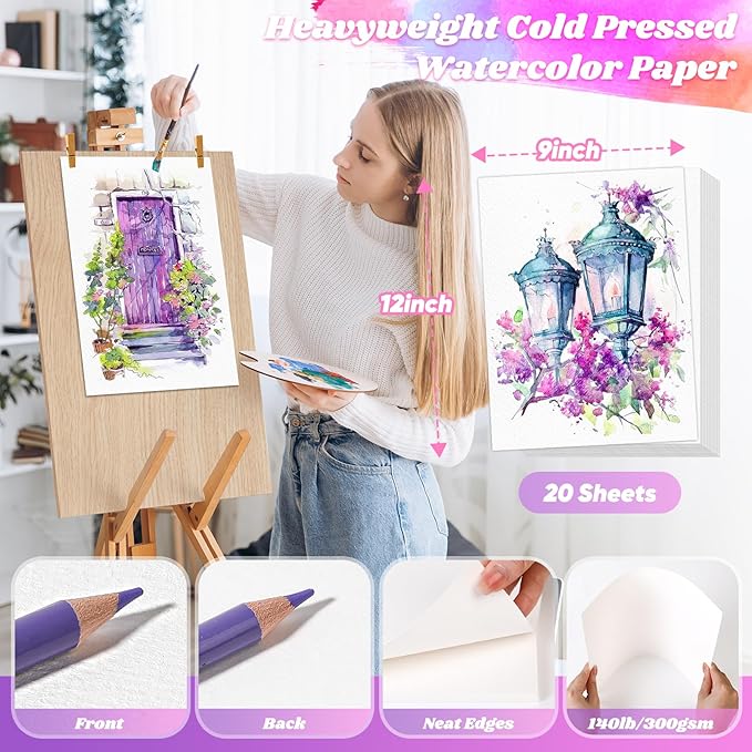 Watercolor Paper 9"x12", Cold Press Water Color Paper, 140lb/300gsm Loose Art Drawing Paper for Acrylic Paints Markers Pencils Pens Oil Pastels Canvas Painting, Christmas Gifts for Adults Teens Kids