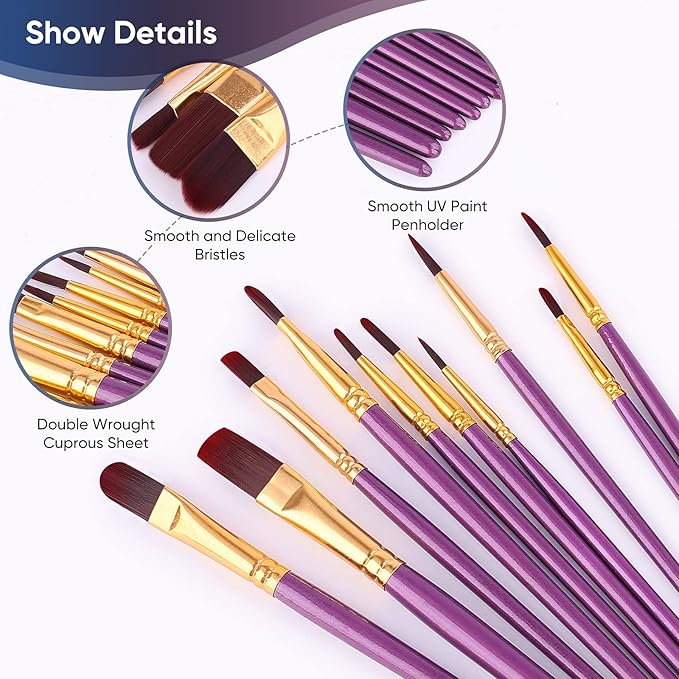 Paint Brushes Set, 2Pack 20 Pcs Paint Brushes for Acrylic Painting, Oil Watercolor Acrylic Paint Brush, Artist Paintbrushes for Body Face Rock Canvas, Adult Drawing Arts Crafts Supplies, Purple