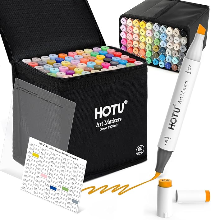 Alcohol Markers Brush Tip -60 Virant Colors Daul Tips Art Markers Set, for Artist Adults Coloring Illustrations, with Seamless Blending, Colorless Blender, Anti-Bleeding Pad, &Premium Ink