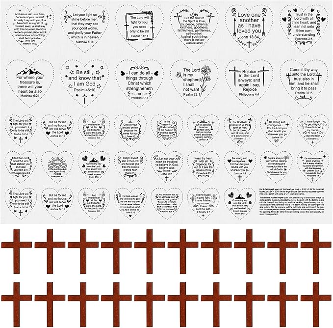 Pocket Prayer Quilt Panel Squares with Small Wooden Crosses Mini Scripture Pocket Prayer Quilt for Friend Family Religious Spiritual Gift Easter Reward Gift(Heart2,Brown)