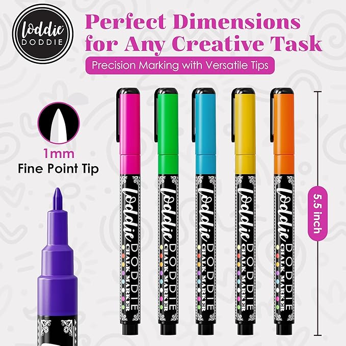Loddie Doddie Fine Tip Liquid Chalk Markers - Pack of 8, 1mm - Precision Chalk Pens for Blackboard - Vibrant Neon Dry Erase Markers for Glass & Windows