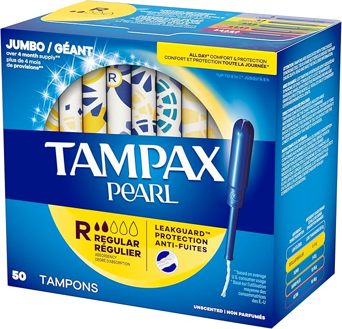 Tampax Pearl Tampons Regular Absorbency, with Leakguard Braid, Unscented, 50 Count x 2 Packs (100 Count Total) (Packaging May Vary)