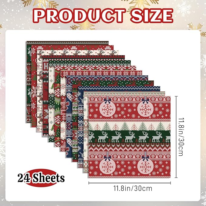 24 Sheets Christmas Scrapbook Paper 12'' × 12'' Double-Sided Xmas Red Green Blue Pattern Paper Decorative Art Cardstock for Holiday DIY Crafts Card Making Scrapbook Supplies