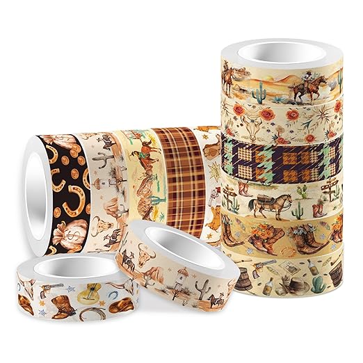 12 Rolls Western Washi Tape Masking Decorative Cowboy and Cowgirl Washi Tape for DIY Craft Gift Wrapping Handbook Sticker Scrapbook Journaling Party Favor