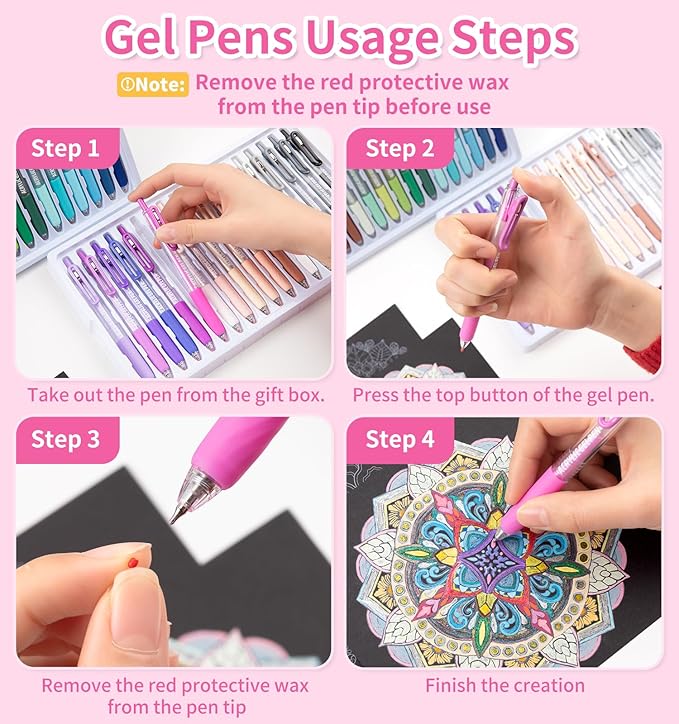 Gel Pens For Coloring, 12 Colors Retractable Colored Pens for Black Paper & White Paper, 0.7mm Fine Point Colorful Pens for Coloring, Writing, Drawing, Journaling, Note Taking, Office, Home