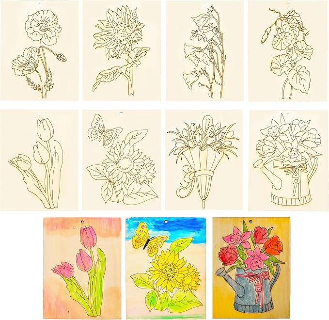 Piatoeke 16PCS 5.9×4.7in Unfinished Wooden Flower Cutouts Board for Kids Painting,Wood Crafts DIY Fun Things to Paint and Hang(Flower)
