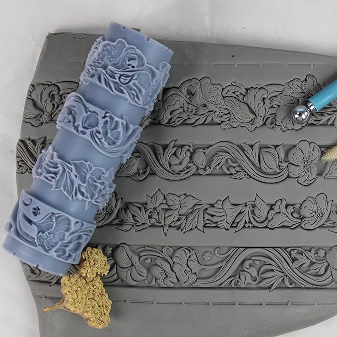 Nouveau Bloom Clay Texture Roller (4") - Seamless Border Set #01 - Embossing Pattern Roller for Polymer & Ceramic Clay, Pottery & Crafts