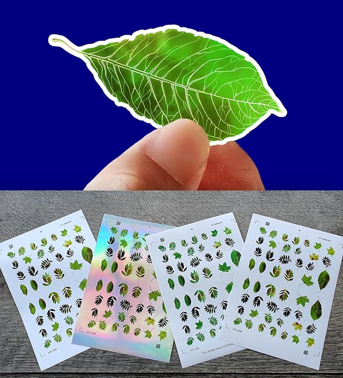 Stickers Pack (Over 150 Stickers) Amazing Bright Illustrations of Types of Leaves Vintage Styled Small Vinyl Stickers White Hologram Transparent