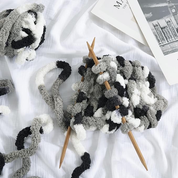 HOMBYS 18 Pack Giant Chunky Yarn for Crocheting,Super Bulky Large Soft Fluffy Yarn,Tie Dye Plush Fuzzy Yarn,Mixed Color Thick Chenille Yarn for Hand Knitting/Arm Knitting (Black, White, Grey)