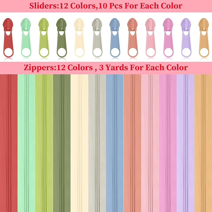 Syhood 36 Yards 12 Pieces #5 Sewing Zippers Tapes Assorted Nylon Lightweight with 120 Plastic Zipper Sliders for Women Men Sewing Supplies(Light Morandi Color)
