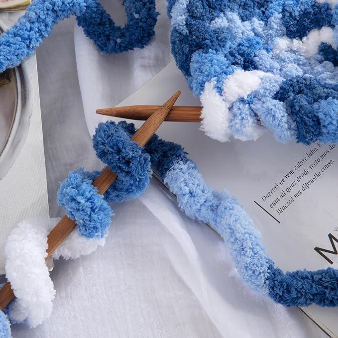 Hombys 8 Pack Giant Chunky Yarn for Crocheting/Hand Knitting, Super Bulky Soft Fluffy Tie Dye Plush Fuzzy Mixed Color Thick Chenille Yarn (Blue, Light Blue, White)