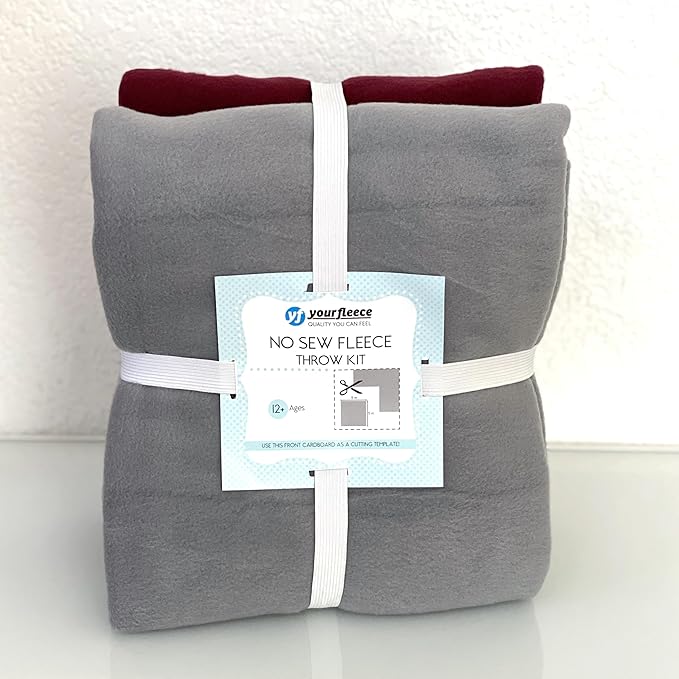 YourFleece Solid No-Sew Throw Fleece Fabric DIY Blanket Making Kit, Make Your Own, Anti-Pill, Gray/Maroon, 72x60 inches
