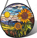 Stained Glass Suncatcher, Sunflower Flowers Landscape Sun Catcher Plant Mountains Stain Glass Window Hanging Decoration Mother's Day Birthday Gifts for Women Men Mom Nana 9.8 in