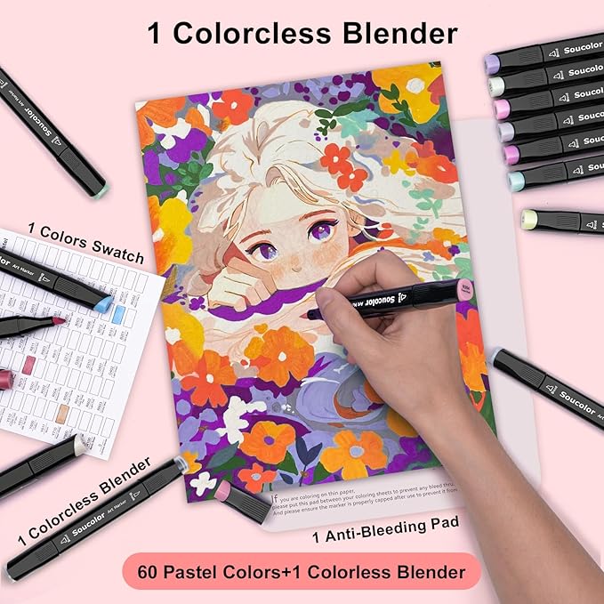 Soucolor 61 Colors Pastel Alcohol Based Markers Set | Professional Dual Tip Art Markers with Brush & Chisel Tips | Includes 1 Blender & Carry Case | For Artists, Adults Coloring, Drawing, Illustration