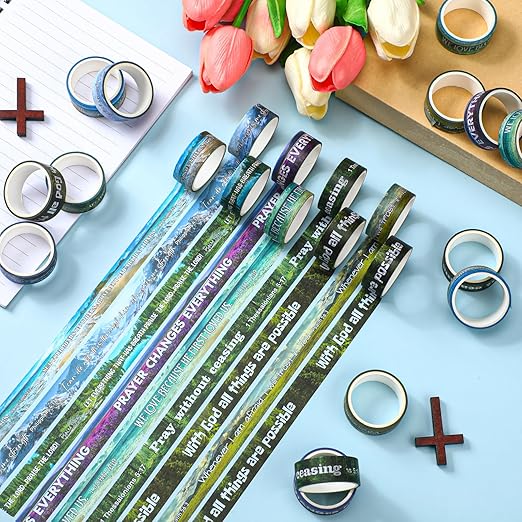 Janlaugh 24 Rolls Christian Washi Tape Gifts Bulk Religious Inspirational Scripture Supplies Scenery Bible Verse Washi Tape for Bible Journaling Study Crafting Spring Gifts Favors