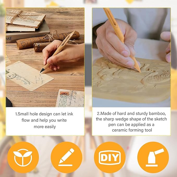Tenare 12 Pcs Bamboo Reed Pens Double Head Pottery Supplies Wooden Pens Polymer Clay Tools Pottery Ceramic Shaping Tools for DIY Ceramics Clay Sculpture, Small, Medium, Large