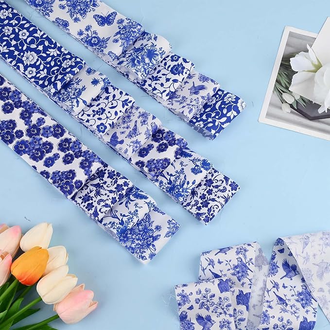 40 Pcs Chinoiserie Cotton Jelly Fabric Strips Blue and White Porcelain Patchwork Strips Roll for Quilting Crafting Blue White Floral Bird Precut Patchwork for Sewing DIY Crafts