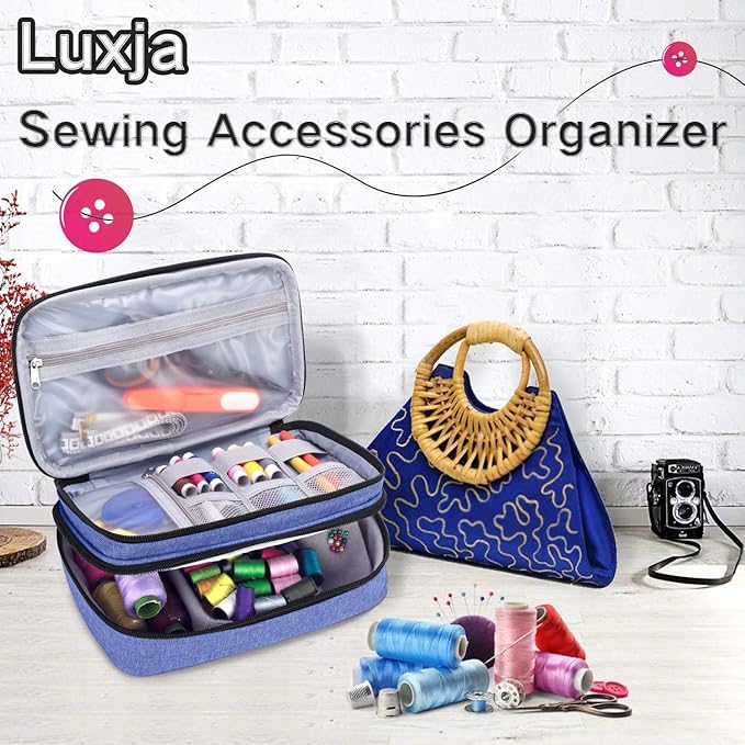 Luxja Sewing Accessories Organizer, Double-Layer Sewing Supplies Organizer for Needles, Scissors, Measuring Tape, Thread and Other Sewing Tools (NO Accessories Included), Dark Blue
