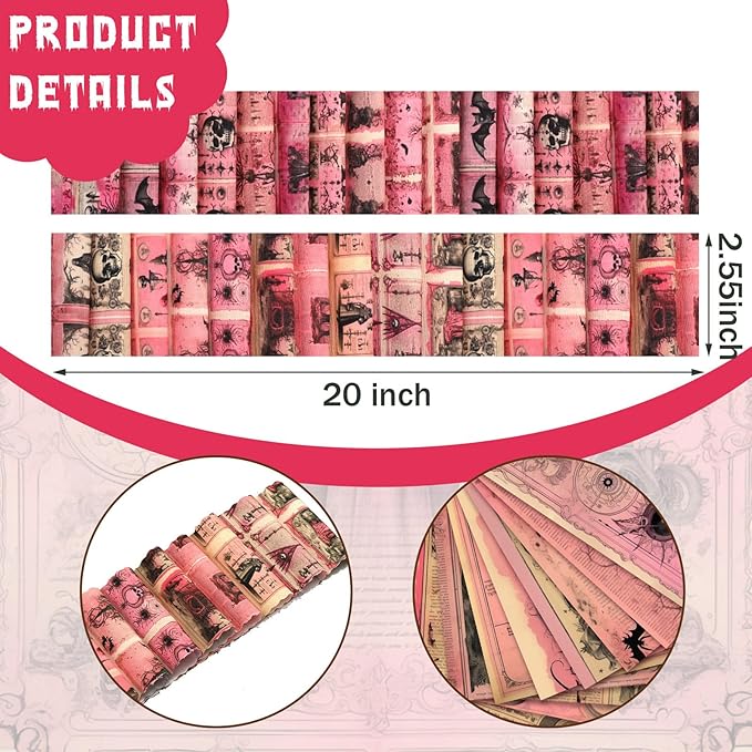 Ganeen 100 Pcs Pink Halloween Quilting Fabric Roll Vintage Skeleton 2. 56 Inch Fabric Squares Jelly Patchwork Precut Strips Bundles for Holiday Materials Craft DIY Sewing Cloths