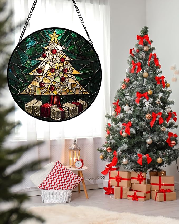 Stained Glass Window Hanging - Golden Christmas Tree Suncatcher for Doors Home Christmas Decoration Winter Sun Catcher Thanksgiving New Year Birthday Gifts for Women Men Mom Nana Girl 7.8 in