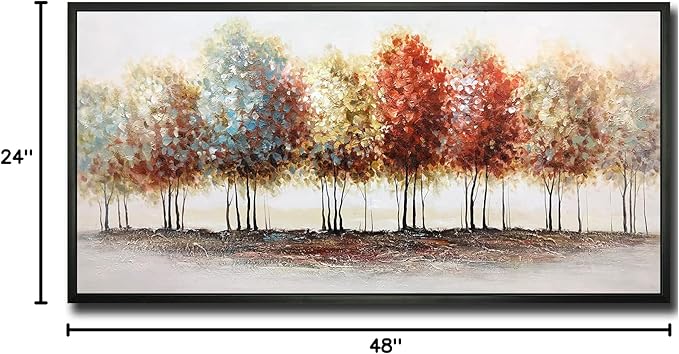 Tiancheng Art, 24x48 Inch Modern Abstract Painting Oil Hand Paintings Tree 3D Hand-Painted On Canvas Acrylic Frame Wall Art Colorful Forest Box Table Hanging Wall Decoration