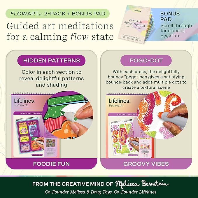 Lifelines FlowArt Activity Pad, 2-Pack & Bonus Pad - Guided Art Meditations with Markers - Hidden Patterns & Pogo-Dot - Coloring Books for Tweens, Adults & Seniors