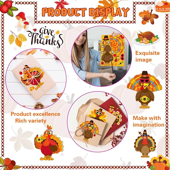 24 Sheets Make a Turkey Stickers, Thanksgiving Stickers for Kids, Make Your Own Turkey Sticker, Thanksgiving Party Favors Supplies, DIY Craft Game Classroom Teacher Reward
