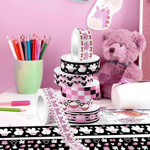 12 Rolls Cartoon Mouse Washi Tape Set - 0.6 Inch x 16.4 Ft Each, Pink Cute Mouse Design Decorative Paper Tape for Scrapbooking, Gift Wrapping, DIY Crafts & School Supplies