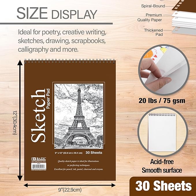BAZIC Products Sketch Pad 30 Sheets 9" X 12", Top Bound Spiral Sketchbook Drawing Pads, Sketching Paper Coloring Book for Artist School, 2-Pack