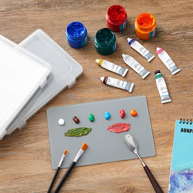 Nuanchu 4 Pcs Handy Glass Oil Paint Palette Included 10.2 x 6.8 x 1.2 Inches Airtight Stay Wet Palette Container and 9.7 x 6.3 Inches Tempered Glass, Keeps Paint Fresh, Ideal for Travel Outdoor, Grey