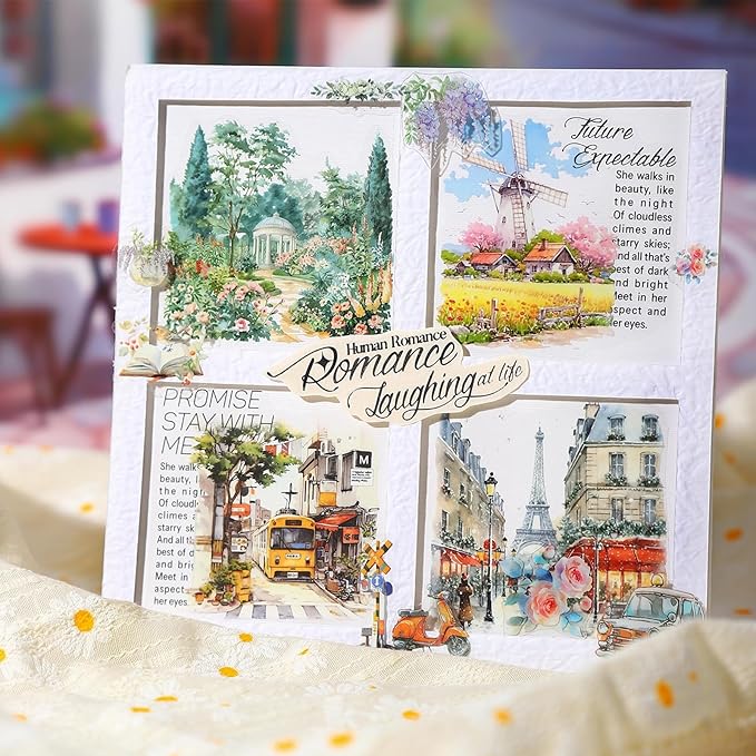 90 PCS City & Garden Street Scene Pre-Cut PET Stickers - Watercolor Backgrounds with Shops Cars Lamps Flowers for Scrapbook Journal Travel Collage Décor