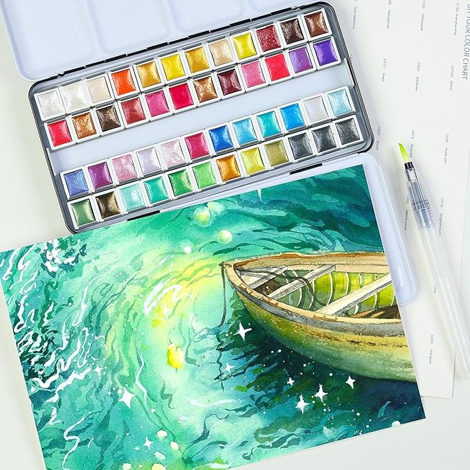 ARTSY Metallic Watercolor Paint Set – 48 Glitter Colors in A Metal Case with Palette Perfect for Artists, Hobbyists, Students, Beginners
