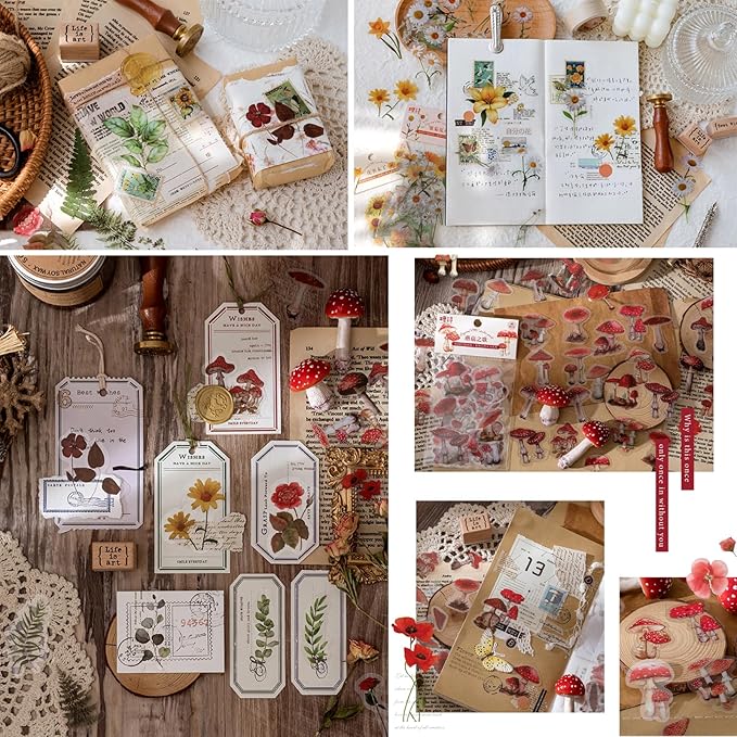 Yoksas Nature Floral Plant Stickers Set - 320 Pieces Transparent Pressed Flower Decals Journaling Stickers for Scrapbook,Junk Bullet Journal,Planner,Resin Art