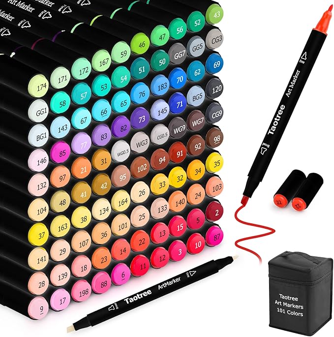 Taotree Alcohol Markers, 101 Colors Dual Tips Art Markers Pens Set, Chisel & Fine Sketch Pens, Art Supplies Kit for Artist Adult Coloring Books Colors, Painting, Drawing, Blending and Sketching