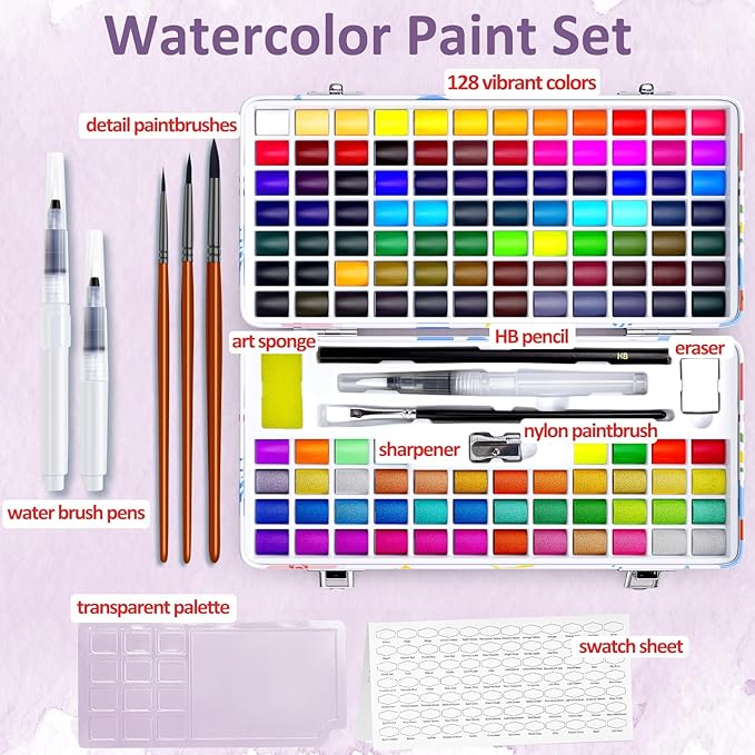 Caliart 128 Colors Watercolor Paint Set Portable, for Adults Artists Professional Beginners, Art Supplies Watercolor Painting Kit Sketch Coloring Drawing Birthday Gifts