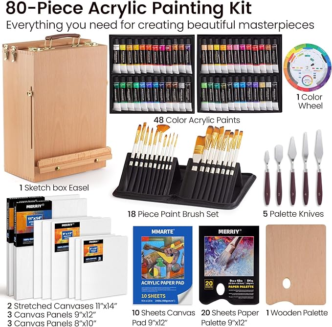 MERRIY 80-Piece Acrylic Paint Set, Artist Painting Supplies Kit with Tabletop Sketch Box Easel, 48 Colors Acrylic Paints,11"x 14"Stretched Canvas &More, Premium Acrylic Painting Set for Adults