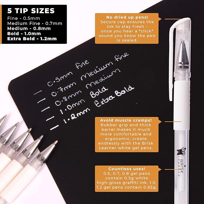 5 White Gel Pens - 5 Tip Sizes - 0.5, 0.7, 0.8, 1.0, 1.2mm for Artists - Archival White Ink for Art, Drawing, Journaling, Watercolor, Black Paper