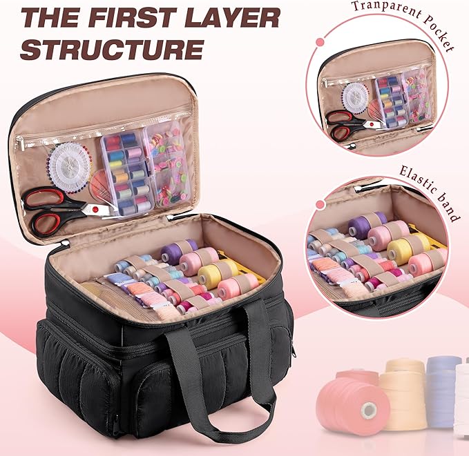 Puffer Sewing Organizer Bag, Large Capacity with Multiple Pockets and Detachable Dividers, Storage Box for Threads, Needles, Scissors, Craft Supplies, Black (BAG ONLY, NO SUPPLIES)